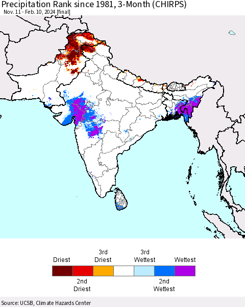 Southern Asia Precipitation Rank since 1981, 3-Month (CHIRPS) Thematic Map For 11/11/2023 - 2/10/2024
