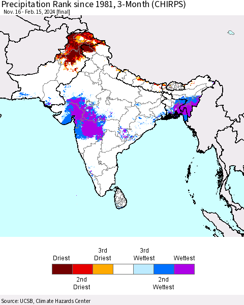 Southern Asia Precipitation Rank since 1981, 3-Month (CHIRPS) Thematic Map For 11/16/2023 - 2/15/2024