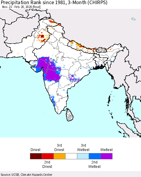 Southern Asia Precipitation Rank since 1981, 3-Month (CHIRPS) Thematic Map For 11/21/2023 - 2/20/2024