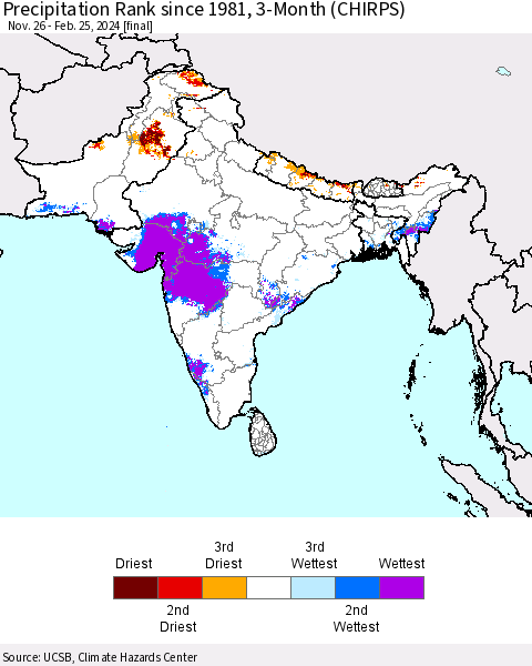 Southern Asia Precipitation Rank since 1981, 3-Month (CHIRPS) Thematic Map For 11/26/2023 - 2/25/2024