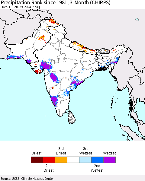 Southern Asia Precipitation Rank since 1981, 3-Month (CHIRPS) Thematic Map For 12/1/2023 - 2/29/2024