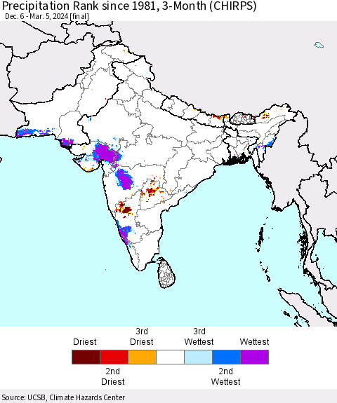 Southern Asia Precipitation Rank since 1981, 3-Month (CHIRPS) Thematic Map For 12/6/2023 - 3/5/2024