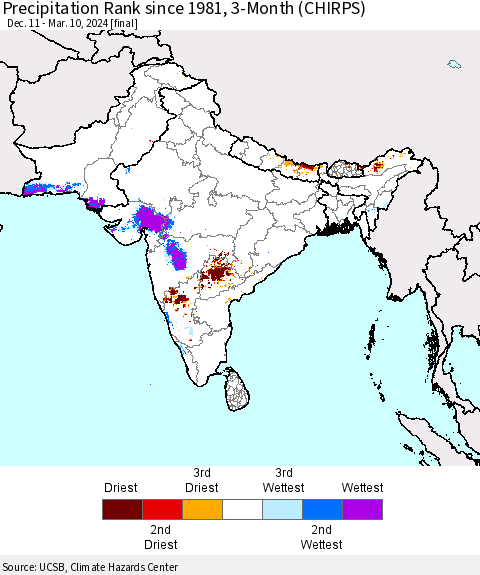 Southern Asia Precipitation Rank since 1981, 3-Month (CHIRPS) Thematic Map For 12/11/2023 - 3/10/2024