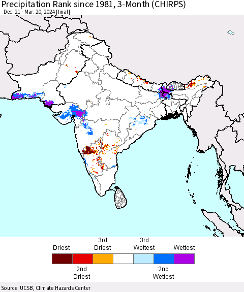 Southern Asia Precipitation Rank since 1981, 3-Month (CHIRPS) Thematic Map For 12/21/2023 - 3/20/2024