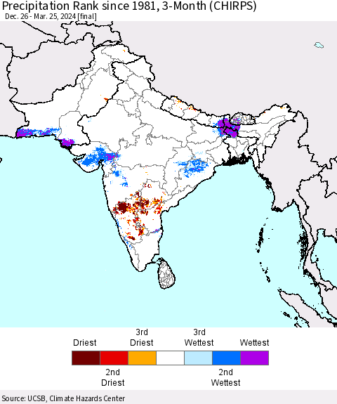 Southern Asia Precipitation Rank since 1981, 3-Month (CHIRPS) Thematic Map For 12/26/2023 - 3/25/2024