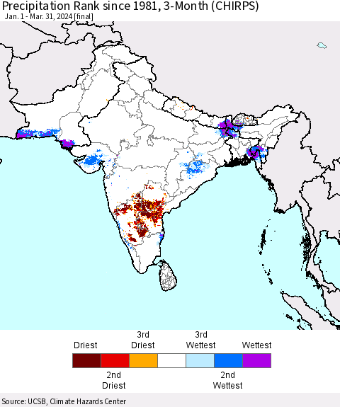 Southern Asia Precipitation Rank since 1981, 3-Month (CHIRPS) Thematic Map For 1/1/2024 - 3/31/2024