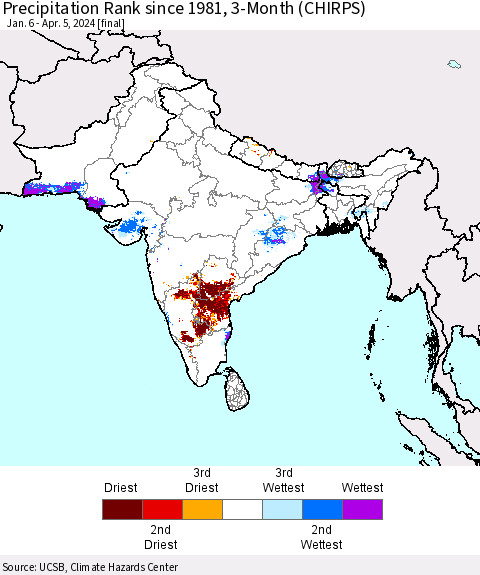 Southern Asia Precipitation Rank since 1981, 3-Month (CHIRPS) Thematic Map For 1/6/2024 - 4/5/2024