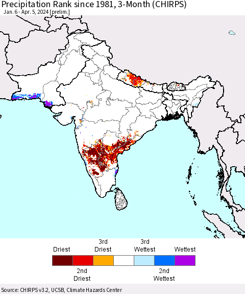 Southern Asia Precipitation Rank since 1981, 3-Month (CHIRPS) Thematic Map For 1/6/2024 - 4/5/2024