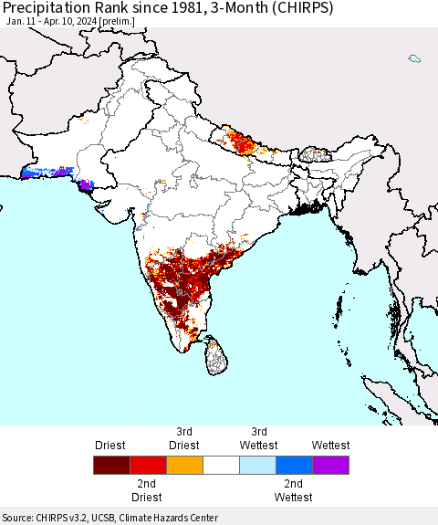 Southern Asia Precipitation Rank since 1981, 3-Month (CHIRPS) Thematic Map For 1/11/2024 - 4/10/2024