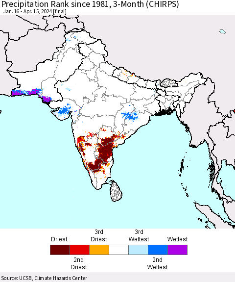 Southern Asia Precipitation Rank since 1981, 3-Month (CHIRPS) Thematic Map For 1/16/2024 - 4/15/2024