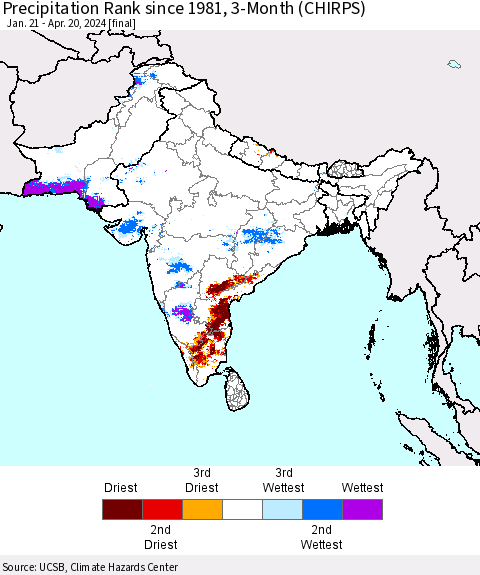 Southern Asia Precipitation Rank since 1981, 3-Month (CHIRPS) Thematic Map For 1/21/2024 - 4/20/2024
