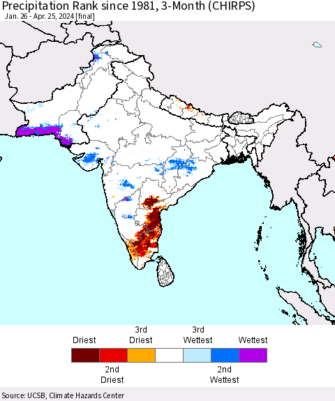 Southern Asia Precipitation Rank since 1981, 3-Month (CHIRPS) Thematic Map For 1/26/2024 - 4/25/2024