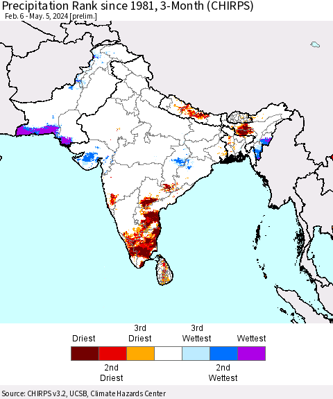 Southern Asia Precipitation Rank since 1981, 3-Month (CHIRPS) Thematic Map For 2/6/2024 - 5/5/2024