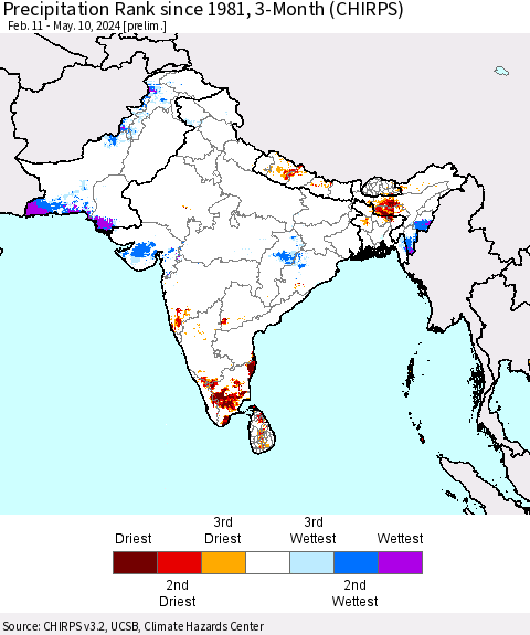 Southern Asia Precipitation Rank since 1981, 3-Month (CHIRPS) Thematic Map For 2/11/2024 - 5/10/2024