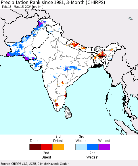 Southern Asia Precipitation Rank since 1981, 3-Month (CHIRPS) Thematic Map For 2/16/2024 - 5/15/2024