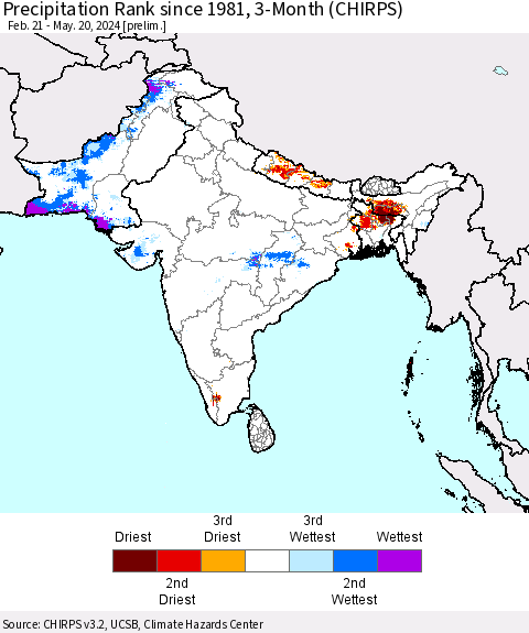 Southern Asia Precipitation Rank since 1981, 3-Month (CHIRPS) Thematic Map For 2/21/2024 - 5/20/2024