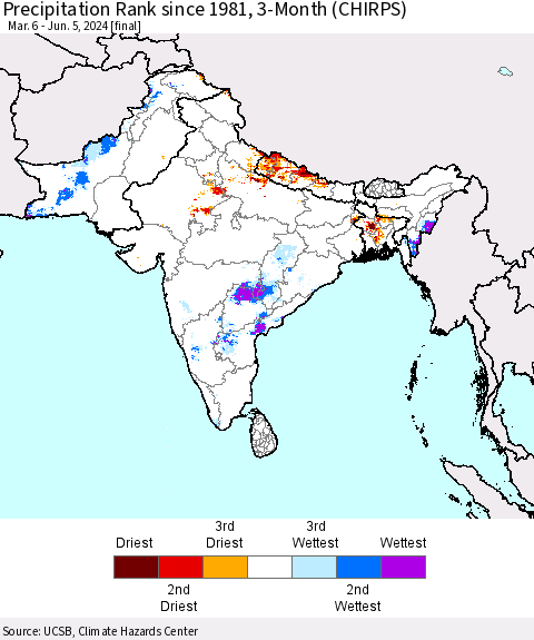 Southern Asia Precipitation Rank since 1981, 3-Month (CHIRPS) Thematic Map For 3/6/2024 - 6/5/2024