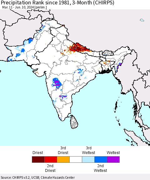 Southern Asia Precipitation Rank since 1981, 3-Month (CHIRPS) Thematic Map For 3/11/2024 - 6/10/2024