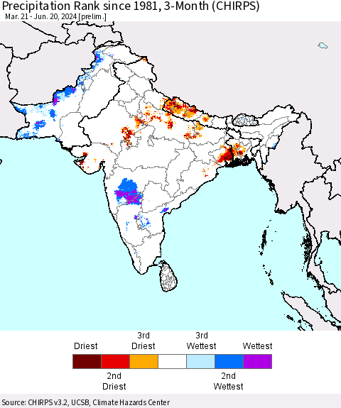 Southern Asia Precipitation Rank since 1981, 3-Month (CHIRPS) Thematic Map For 3/21/2024 - 6/20/2024