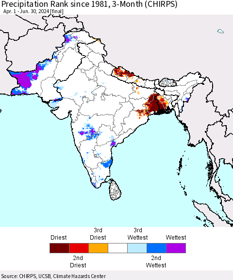 Southern Asia Precipitation Rank since 1981, 3-Month (CHIRPS) Thematic Map For 4/1/2024 - 6/30/2024
