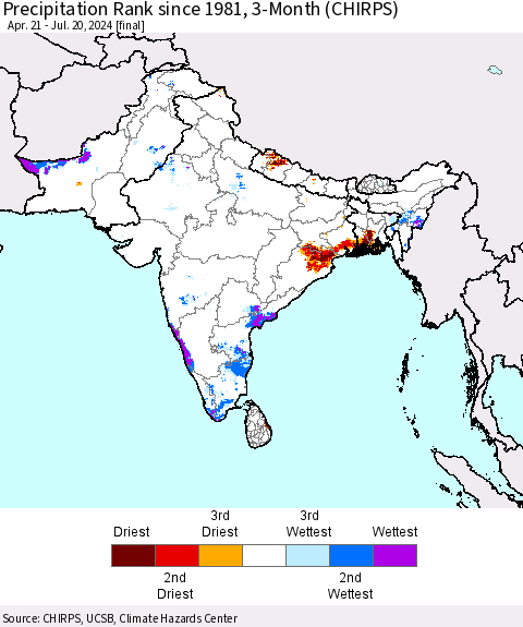 Southern Asia Precipitation Rank since 1981, 3-Month (CHIRPS) Thematic Map For 4/21/2024 - 7/20/2024