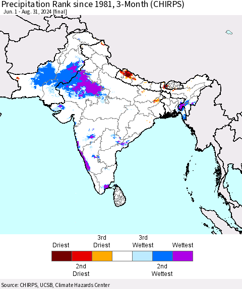 Southern Asia Precipitation Rank since 1981, 3-Month (CHIRPS) Thematic Map For 6/1/2024 - 8/31/2024