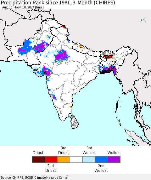 Southern Asia Precipitation Rank since 1981, 3-Month (CHIRPS) Thematic Map For 8/11/2024 - 11/10/2024