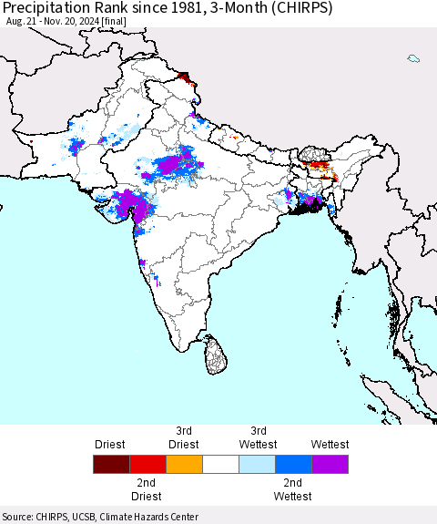 Southern Asia Precipitation Rank since 1981, 3-Month (CHIRPS) Thematic Map For 8/21/2024 - 11/20/2024
