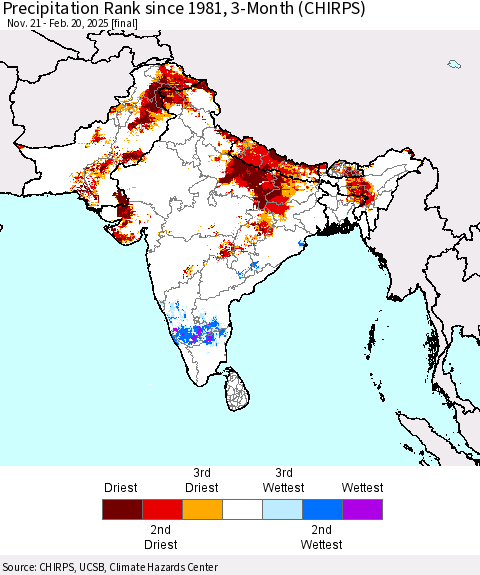Southern Asia Precipitation Rank since 1981, 3-Month (CHIRPS) Thematic Map For 11/21/2024 - 2/20/2025