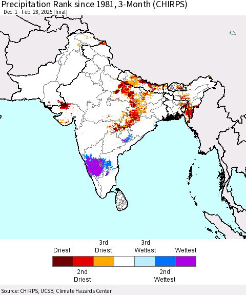 Southern Asia Precipitation Rank since 1981, 3-Month (CHIRPS) Thematic Map For 12/1/2024 - 2/28/2025