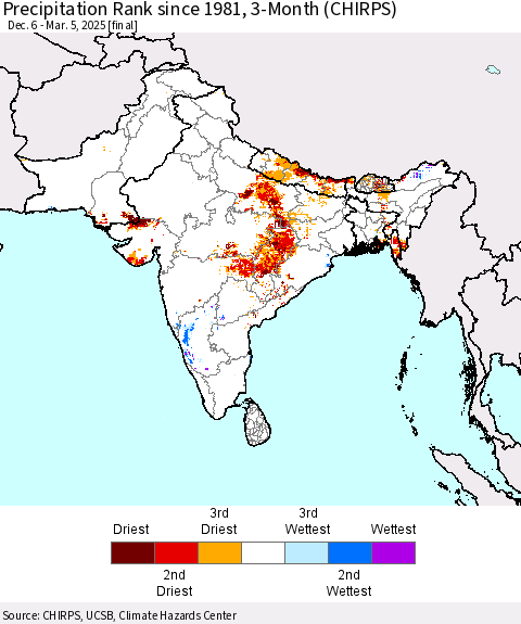 Southern Asia Precipitation Rank since 1981, 3-Month (CHIRPS) Thematic Map For 12/6/2024 - 3/5/2025