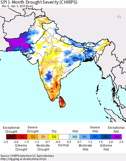 Southern Asia SPI 1-Month Drought Severity (CHIRPS) Thematic Map For 3/6/2019 - 4/5/2019