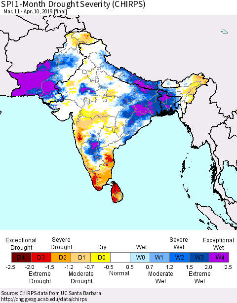 Southern Asia SPI 1-Month Drought Severity (CHIRPS) Thematic Map For 3/11/2019 - 4/10/2019