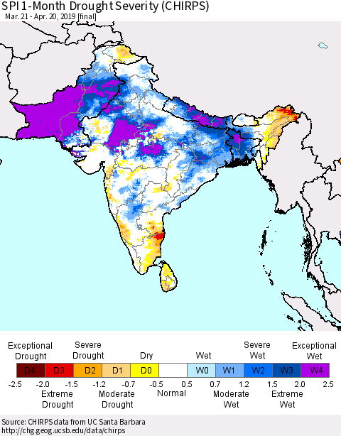 Southern Asia SPI 1-Month Drought Severity (CHIRPS) Thematic Map For 3/21/2019 - 4/20/2019