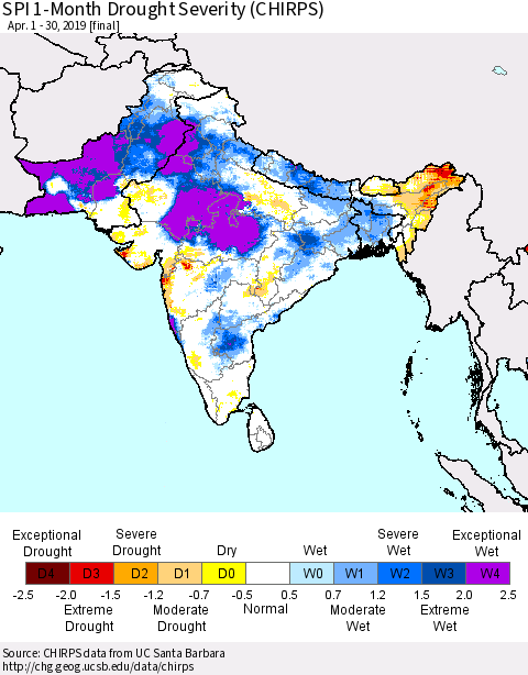 Southern Asia SPI 1-Month Drought Severity (CHIRPS) Thematic Map For 4/1/2019 - 4/30/2019