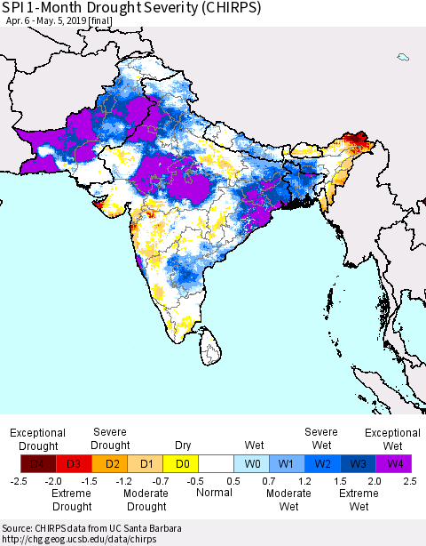 Southern Asia SPI 1-Month Drought Severity (CHIRPS) Thematic Map For 4/6/2019 - 5/5/2019
