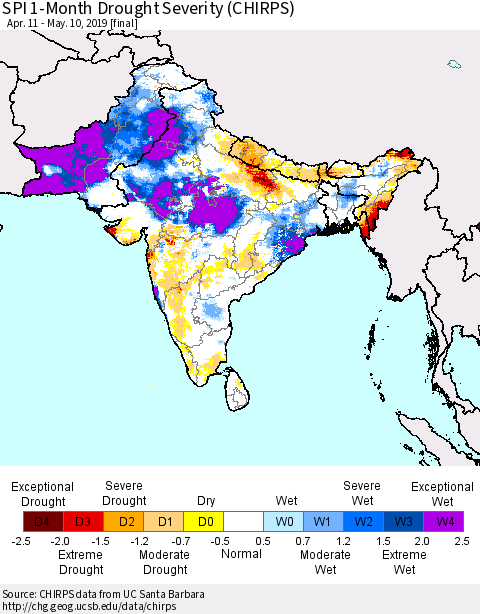Southern Asia SPI 1-Month Drought Severity (CHIRPS) Thematic Map For 4/11/2019 - 5/10/2019