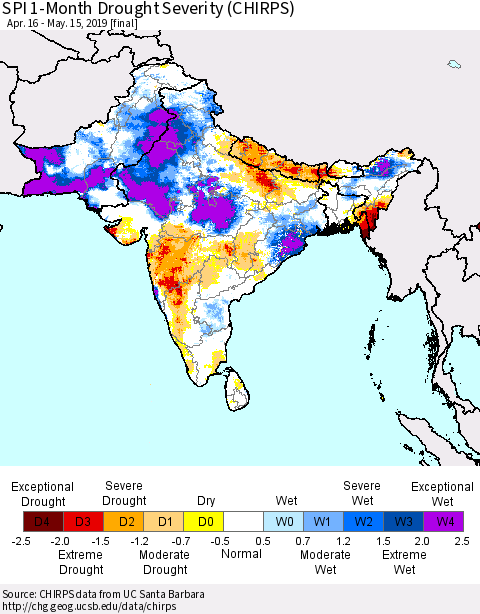 Southern Asia SPI 1-Month Drought Severity (CHIRPS) Thematic Map For 4/16/2019 - 5/15/2019