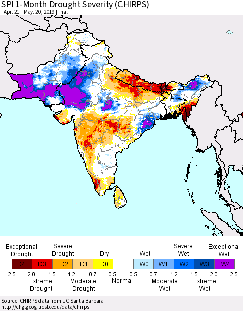 Southern Asia SPI 1-Month Drought Severity (CHIRPS) Thematic Map For 4/21/2019 - 5/20/2019