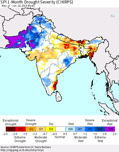 Southern Asia SPI 1-Month Drought Severity (CHIRPS) Thematic Map For 5/11/2019 - 6/10/2019