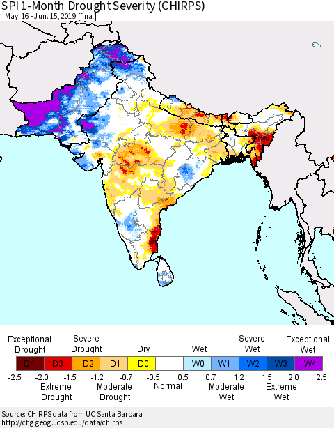 Southern Asia SPI 1-Month Drought Severity (CHIRPS) Thematic Map For 5/16/2019 - 6/15/2019