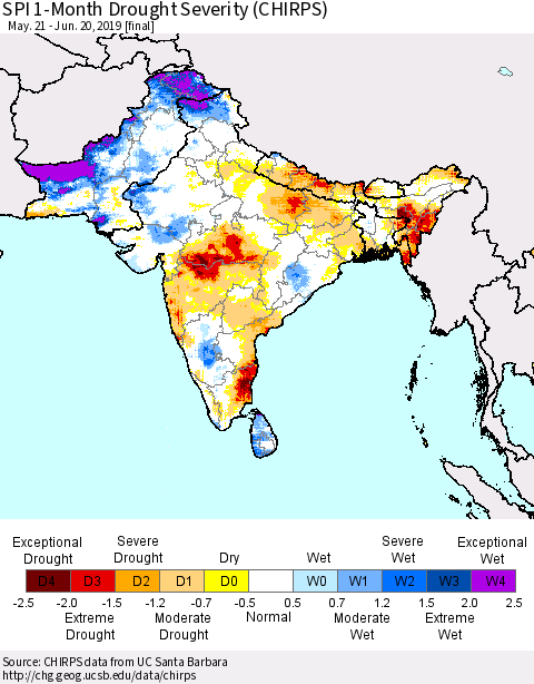 Southern Asia SPI 1-Month Drought Severity (CHIRPS) Thematic Map For 5/21/2019 - 6/20/2019