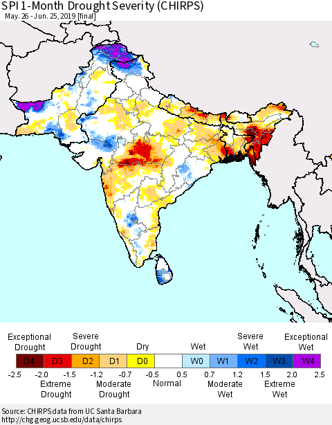 Southern Asia SPI 1-Month Drought Severity (CHIRPS) Thematic Map For 5/26/2019 - 6/25/2019