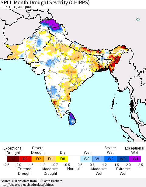Southern Asia SPI 1-Month Drought Severity (CHIRPS) Thematic Map For 6/1/2019 - 6/30/2019