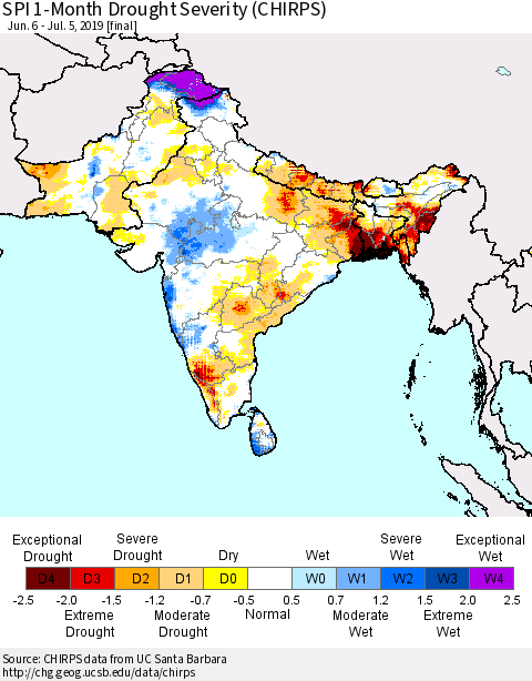 Southern Asia SPI 1-Month Drought Severity (CHIRPS) Thematic Map For 6/6/2019 - 7/5/2019