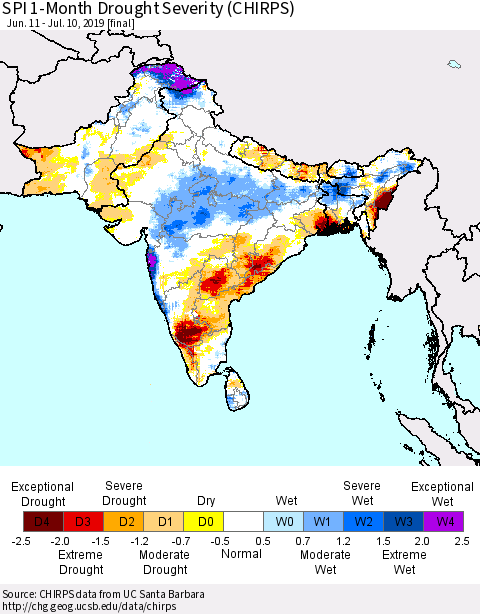 Southern Asia SPI 1-Month Drought Severity (CHIRPS) Thematic Map For 6/11/2019 - 7/10/2019