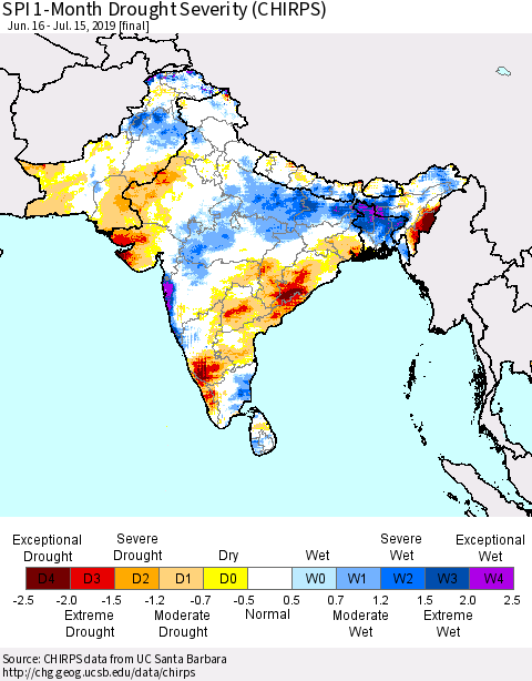 Southern Asia SPI 1-Month Drought Severity (CHIRPS) Thematic Map For 6/16/2019 - 7/15/2019