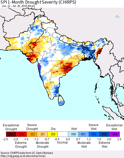 Southern Asia SPI 1-Month Drought Severity (CHIRPS) Thematic Map For 6/21/2019 - 7/20/2019