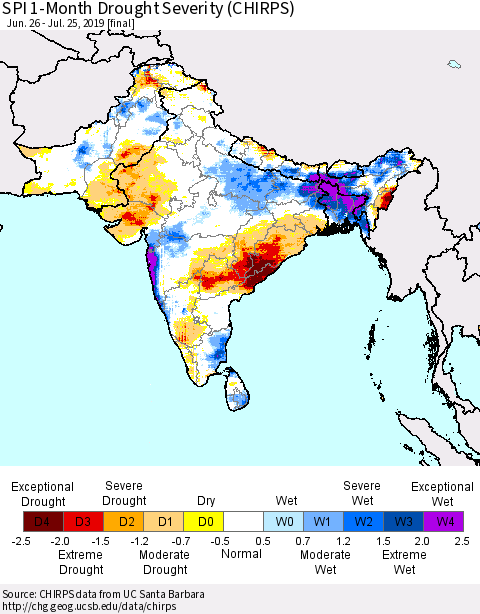 Southern Asia SPI 1-Month Drought Severity (CHIRPS) Thematic Map For 6/26/2019 - 7/25/2019