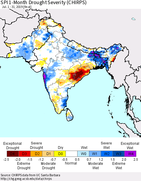 Southern Asia SPI 1-Month Drought Severity (CHIRPS) Thematic Map For 7/1/2019 - 7/31/2019